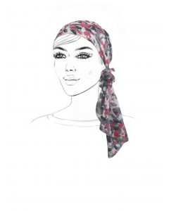 Foulard blanc avec motif fushia gris et noir