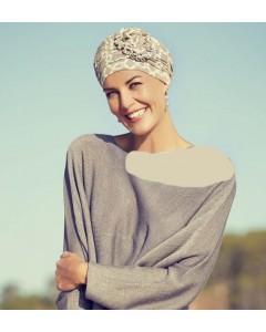 No-Tie Brown and Beige Turban with a Flower