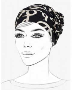 No-Tie Patterned Black Turban with a Flower