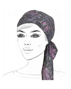 Cotton Grey Headscarf with Purple Floral Motifs