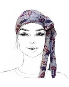 Foulard gris en bambou avec motif violet et bordeaux