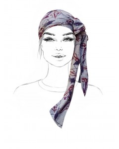 Grey Head Scarf with Purple and Bordeaux Motifs