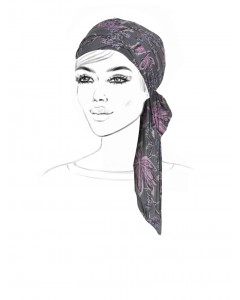 Cotton Grey Headscarf with Purple Floral Motifs