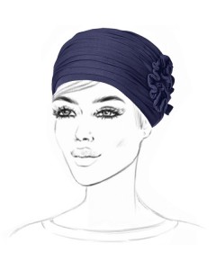 Turban bleu marine en bambou préformé avec une fleur.